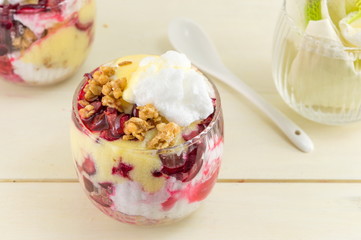 Homemade granola parfait with cherries and cream