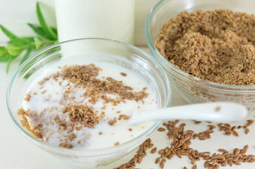 Flaxseed with milk in a bowl