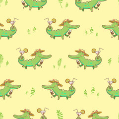 Naklejka premium Summer seamless pattern with cute carton crocodiles, ice cream and cocktails. Vector image.