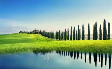 Plexiglas foto achterwand Tuscany landscape with cypress trees reflection in mirrored surf © Valery Bareta