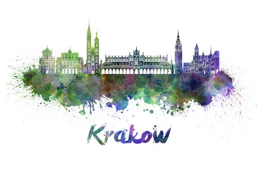 Krakow skyline in watercolor - obrazy, fototapety, plakaty