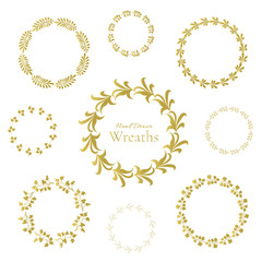 Set of nine gold floral wreaths. Hand drawn design elements set. Leafy beautiful wreaths are perfect for web design, decoration, invitations, wedding cards and prints...
