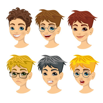 set of teenager boy avatar expressions with different hairstyles