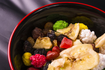 different mixed nuts and raisins