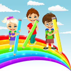 three little children drawing together a beautiful colorful rainbow with color pencils