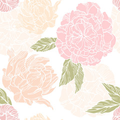 Seamless pattern with blossom and flower bud of peonies  - 105030889