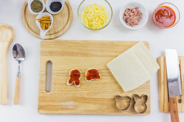 Ingredients for cooking pizza cartoon on wooden table, top view