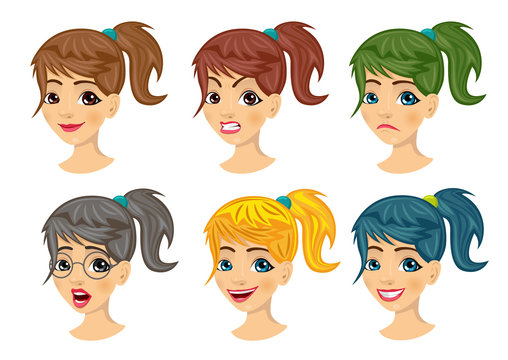 set of teenager girl avatar expressions