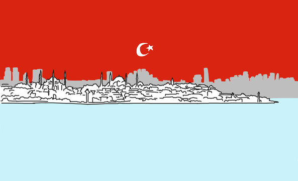 Istanbul Downtown Panorama Outline Sketch