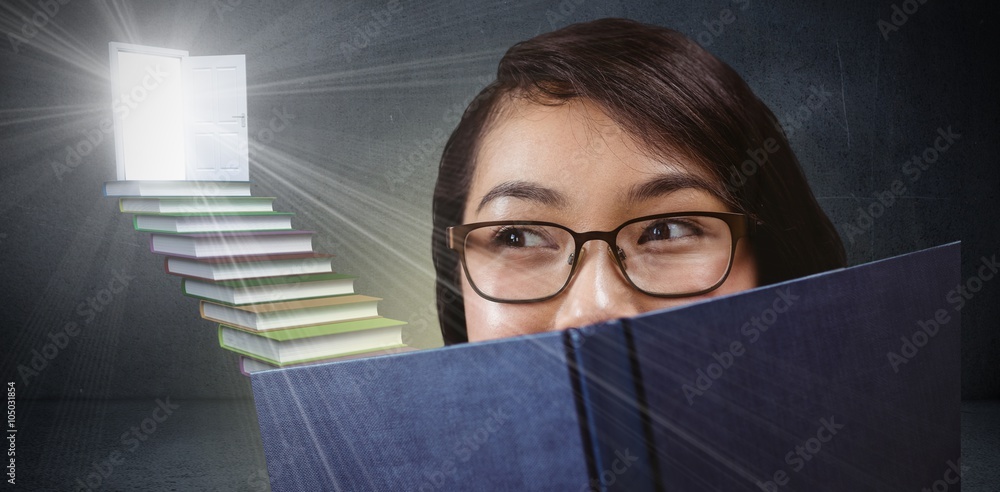 Poster composite image of pretty student hiding face behind a book