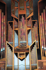 Church pipes organ interior view.
