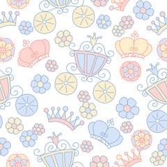Hand drawn seamless vector pink and blue pattern of little princess doodles. Background for use in design, web site, textile.  T-shirt Graphics. Girl print.