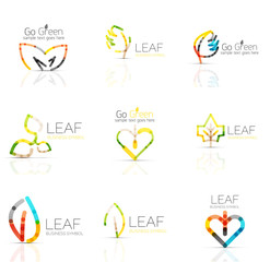 Fototapeta premium Linear leaf abstract logo set, connected multicolored segments