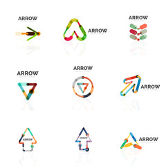Set of linear arrow abstract logos, connected multicolored segments lines in directional pointer figures