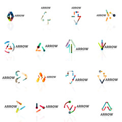 Set of linear arrow abstract logos, connected multicolored segments lines in directional pointer figures