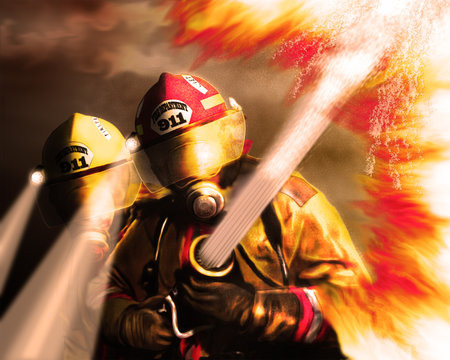 Digital painting of Firefighters fighting fire.