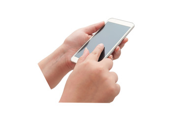 Hand with smartphone touch screen isolated
