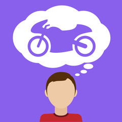 Young man dream about motorbike. Flat vector illustration.