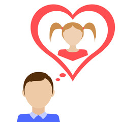 Guy dream about girl. Love sign.  Flat vector illustration.