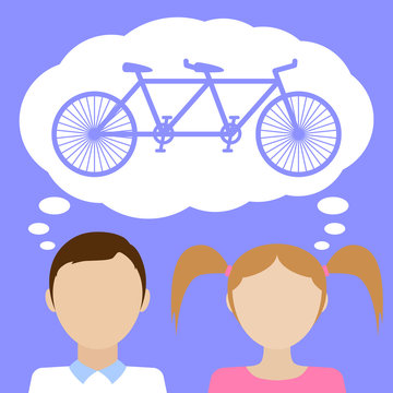 Couple dreams about tandem bicycle. Flat vector illustration.