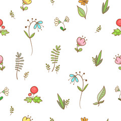 Seamless pattern with summer cartoon flowers on  white background. Vector image.
