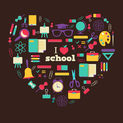 Set of school elements and subject in heart. I love school.