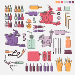 Tattoo kit and colorful equipment.
