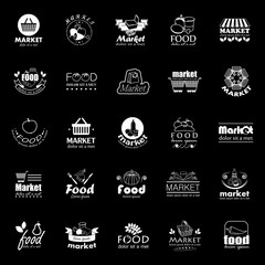 Food And Market Icons Set-Isolated On Black Background:Vector Illustration,Graphic Design.For Web,Websites,Print, App,Presentation Templates,Mobile Applications And Promotional Materials.Shopping Tag