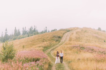 Happy bride and groom posing on the field. Honeymoon in Alpine mountains