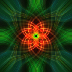 Abstract green multiple fractal heart twirl or floral pattern with orange center