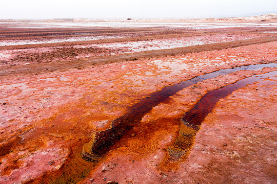 Red salt evaporation ponds in Cape Verde, Africa