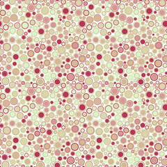 Vector seamless pattern. Consists of geometric elements arranged on white background. The elements have round shape, different color and size. 