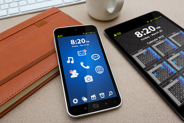 Workplace with modern mobile phone