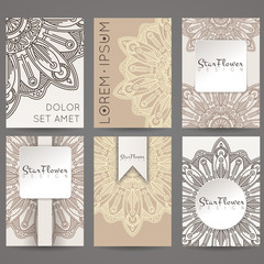 Set of vector design templates. Brochures in random colorful style. Vintage frames and backgrounds. Flower, mandala design.