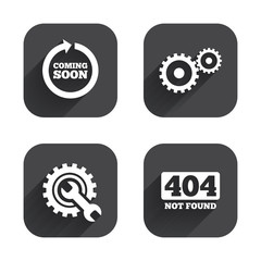 Coming soon icon. Repair service tool and gear.