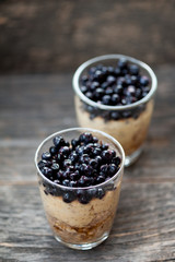 Chia seeds pudding with blueberries in a glass
