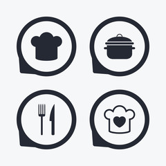 Chief hat, cooking pan icons. Fork and knife.