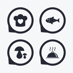 Chief hat, cooking pan icons. Fish and mushrooms