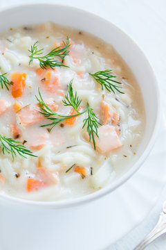 Salmon soup with noodles