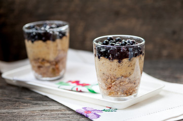 Chia seeds pudding with blueberries in a glass