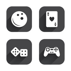 Bowling and Casino signs. Video game joystick.