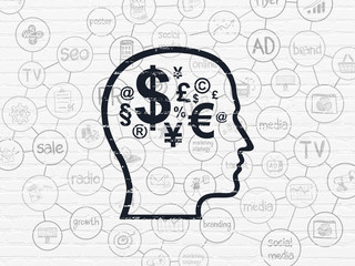 Advertising concept: Head With Finance Symbol on wall background