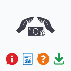 Protection money sign icon. Hands protect cash.
