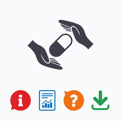 Medical insurance sign. Hand holds pill.