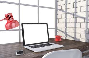 3D illustration laptop and work stuff on table near brick wall, Workspace