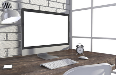 Fototapeta premium 3D illustration PC screen on table in office, Workspace