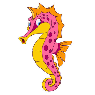 cute and shy cartoon seahorse with long nose, curly tail and spots on a body, isolated on a white background