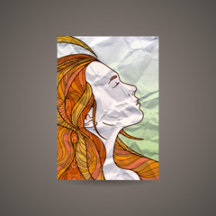 Vector design template with beautiful girl head on crumpled paper. Brochure and background.