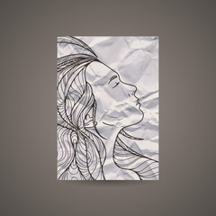 Vector design template with beautiful girl head on crumpled paper. Brochure and background. Black and White.