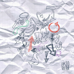 Vector background with a variety of hand-painted arrows on the rumpled background. Design for posters, booklets, business cards, covers. Eps10